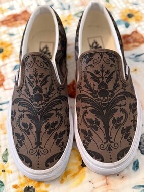 Vans Brown/ olive green & Black Skull Damask Slip-On Sneakers